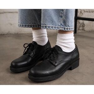 MIA Womens Vintage Black Leather Oxford Lace Up Chunky Lug Sole Heel Shoe Sz 7